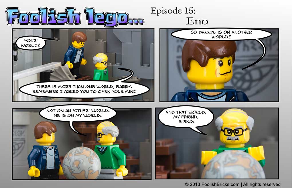 lego brick comic - Strabo tells abrry he is from another world, named Eno