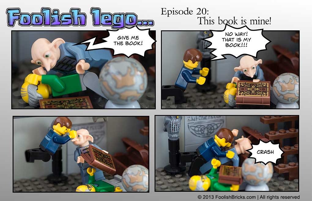lego brick comic - when the creature tries to take the book, Barry attacks