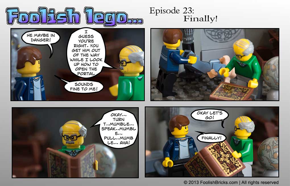 lego brick comic - after takin down Noldor, Strabo reads up on how to open the portal