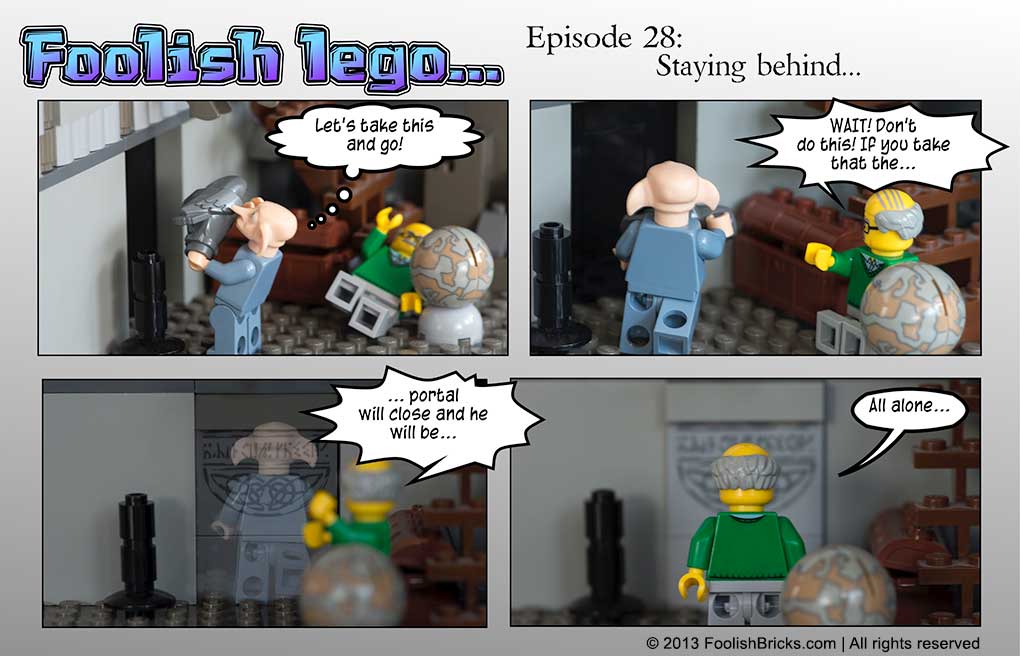 lego brick comic - Noldor jumps through the gate, closing it and leaving Strabo behind