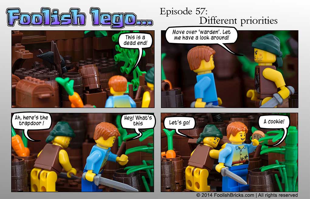 lego brick comic - Bagu searches for (and finds) a trapdoor, Darryl is hungry