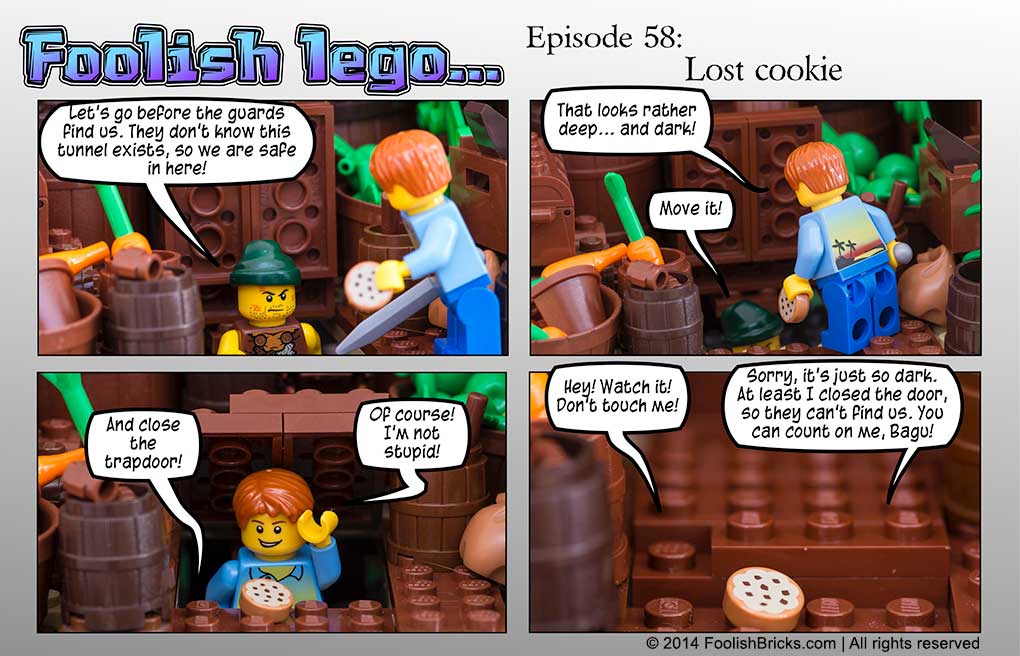lego brick comic - Darryl and abgu leave through a hidden tunnel, but Darryl accidentally leaves a cookie at the door