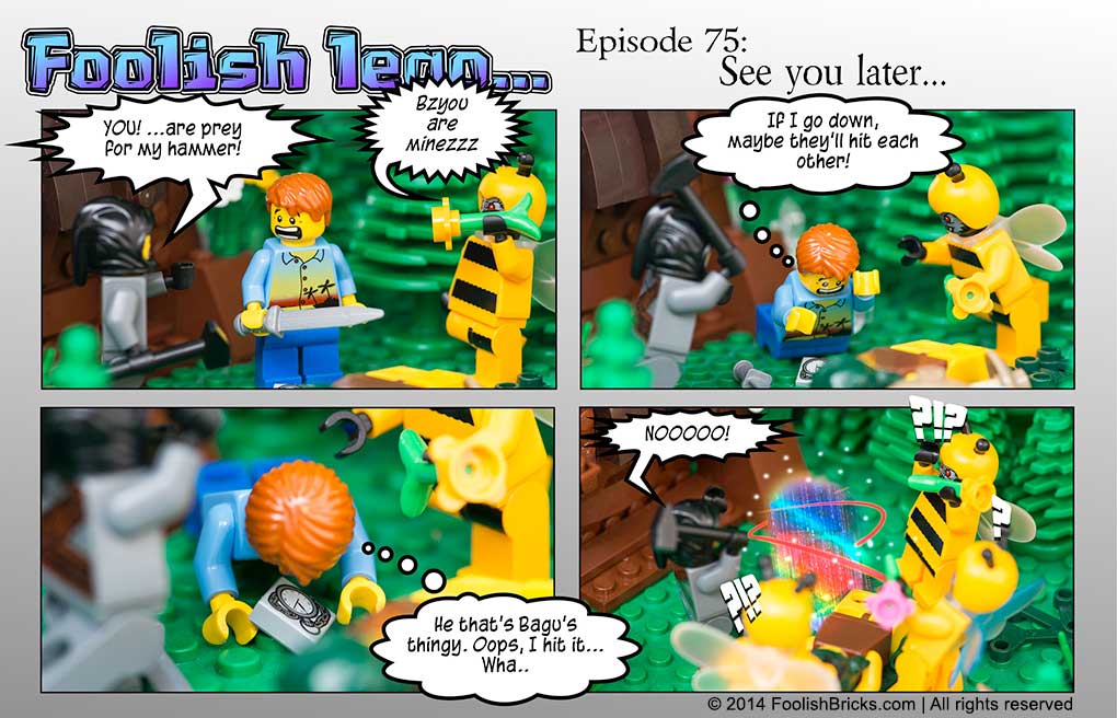 lego brick comic - Darryl accidentally activates the motum clock and disappears, leaving Bagu behinf with the Eno-bees