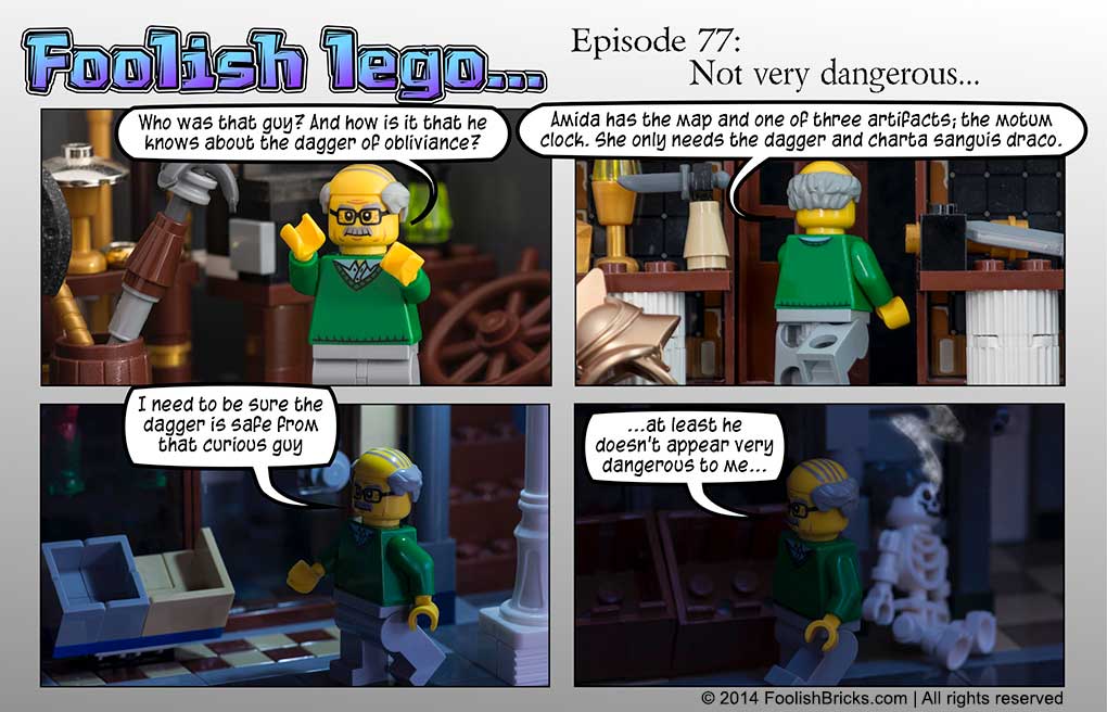 lego brick comic - Strabo goes out to check the dagger of oblivion is safe