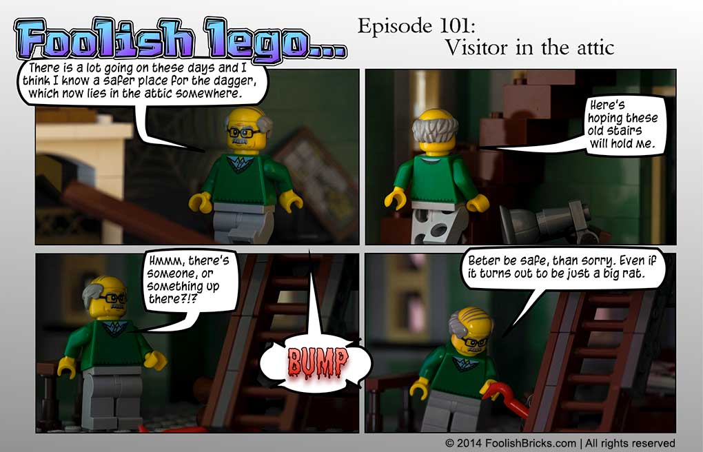 lego brick comic - Strabo hears something in the attic and takes a crowbar, just to be safe