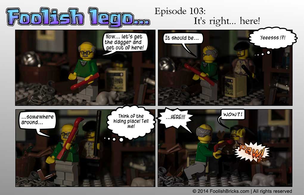 lego brick comic - Strabo feels he is being watched and takes Scondite down with the crowbar