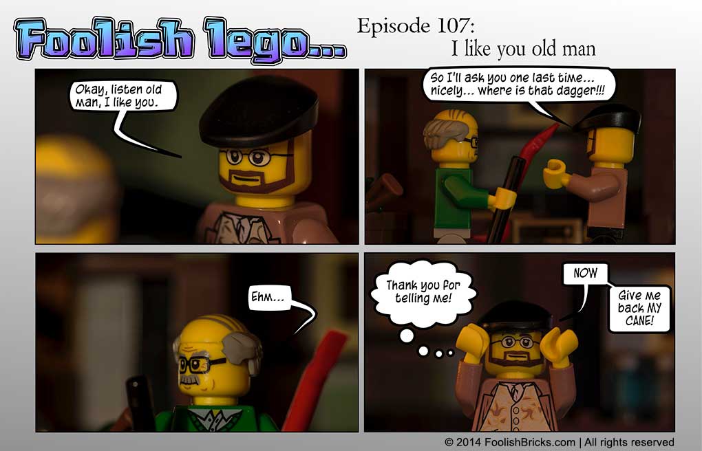 lego brick comic - Scondite asks Strabo for the exact whereabouts of the cane and reads his mind