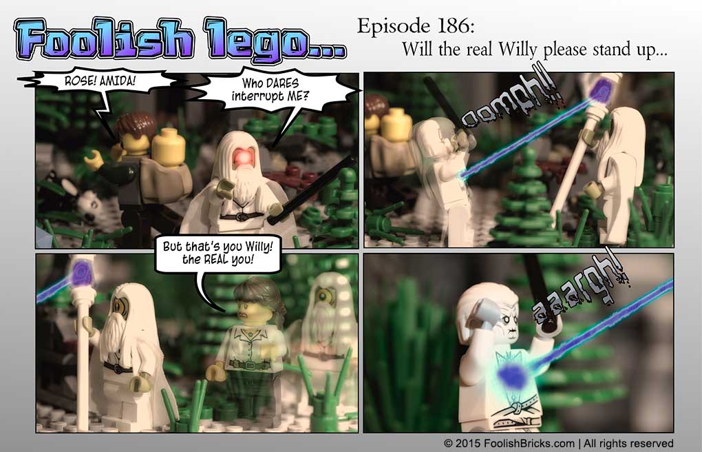 lego brick comic - The real Willy walks into the memory and unmasks Scondite