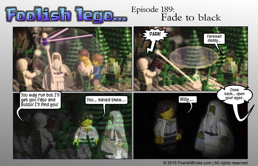 lego brick comic - Willy saves Amida's family, and the present Willy and Amida leave the memory