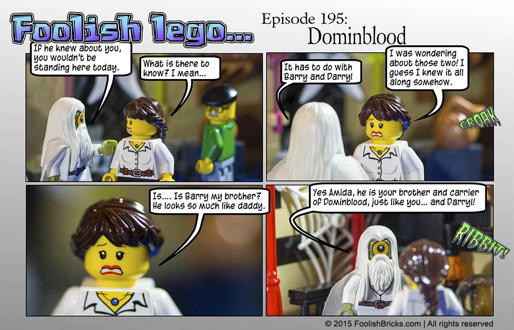 lego brick comic - Willy tells Amida, Barry is her brother and also has Domin-blood in his arteries