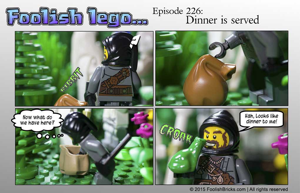 lego brick comic - Venator finds the frogs Barry and Darryl, and finds himself hungry