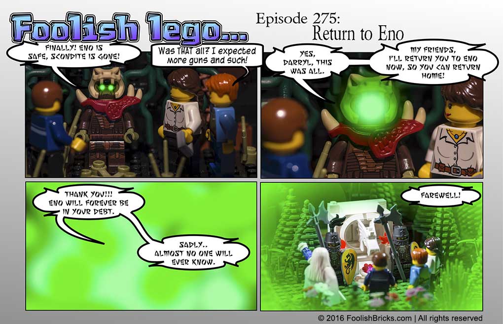 lego brick comic - Dominus the dragon returns the group to Eno