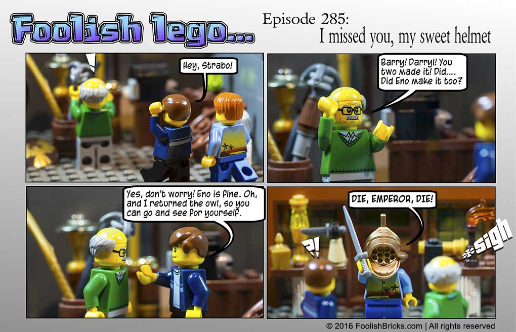 lego brick comic - Barry, Darryl and Strabo meet again. And Darryl is reunited with the helmet