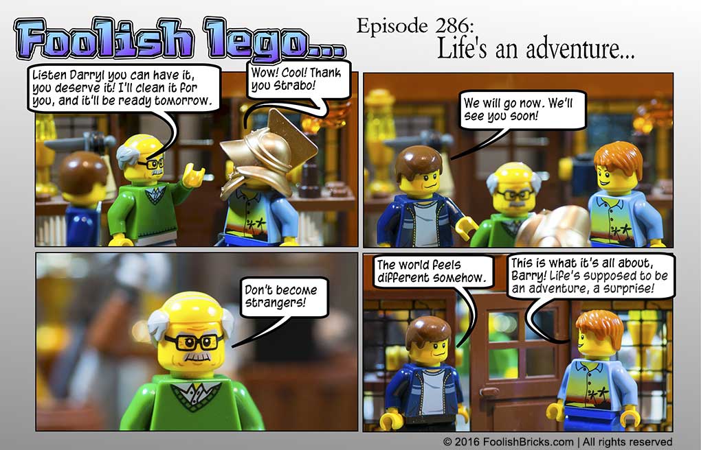 lego brick comic - Barry and Darryl leave Strabo and the antiqueshop