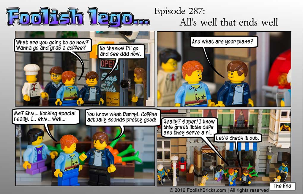 lego brick comic - Barry and Darryl end the adventure by going to get a coffee together
