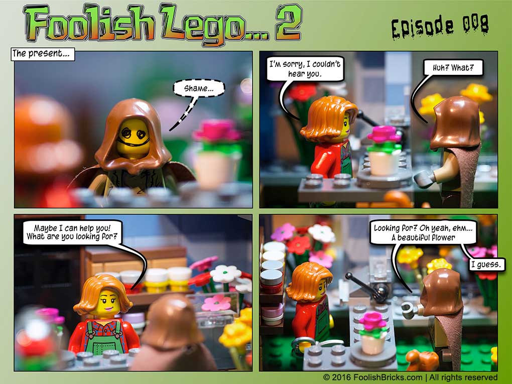 lego brick comic - Dwaas, the monster finds himself in a flowershop