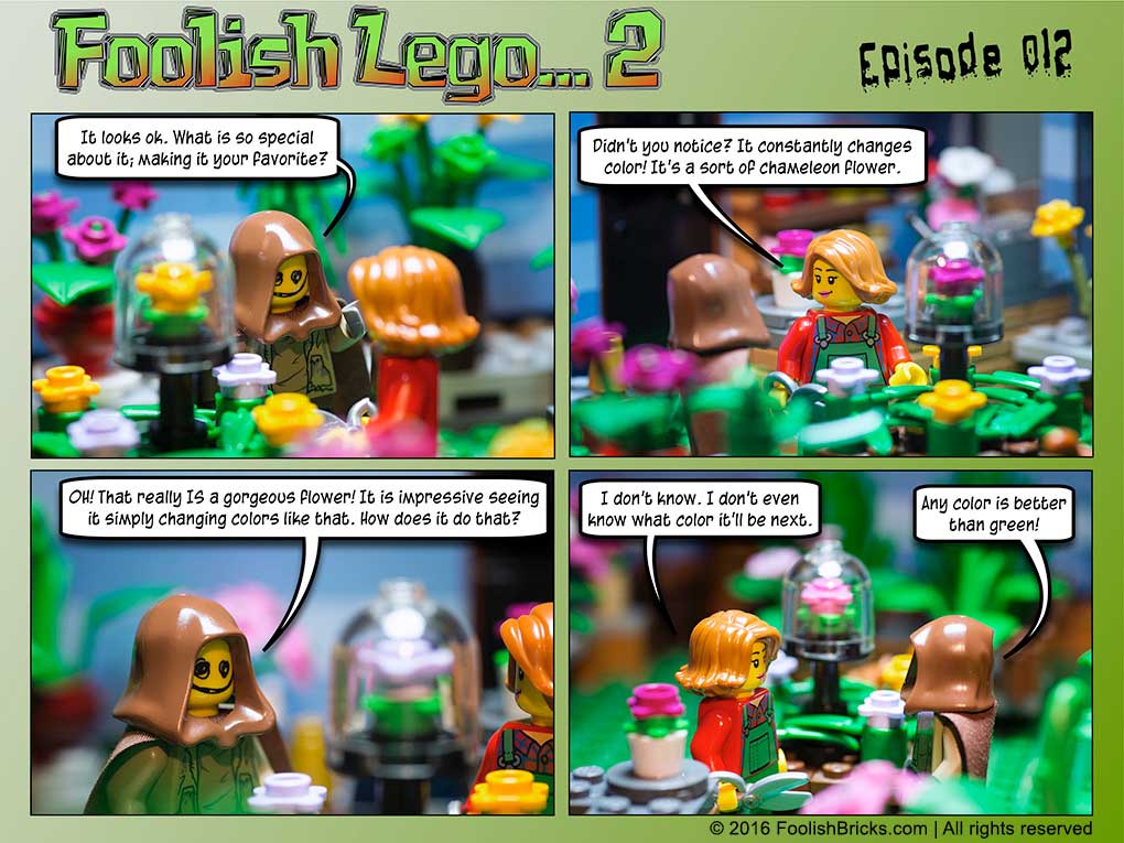 lego brick comic - Dwaas learns about the chameleon-flower