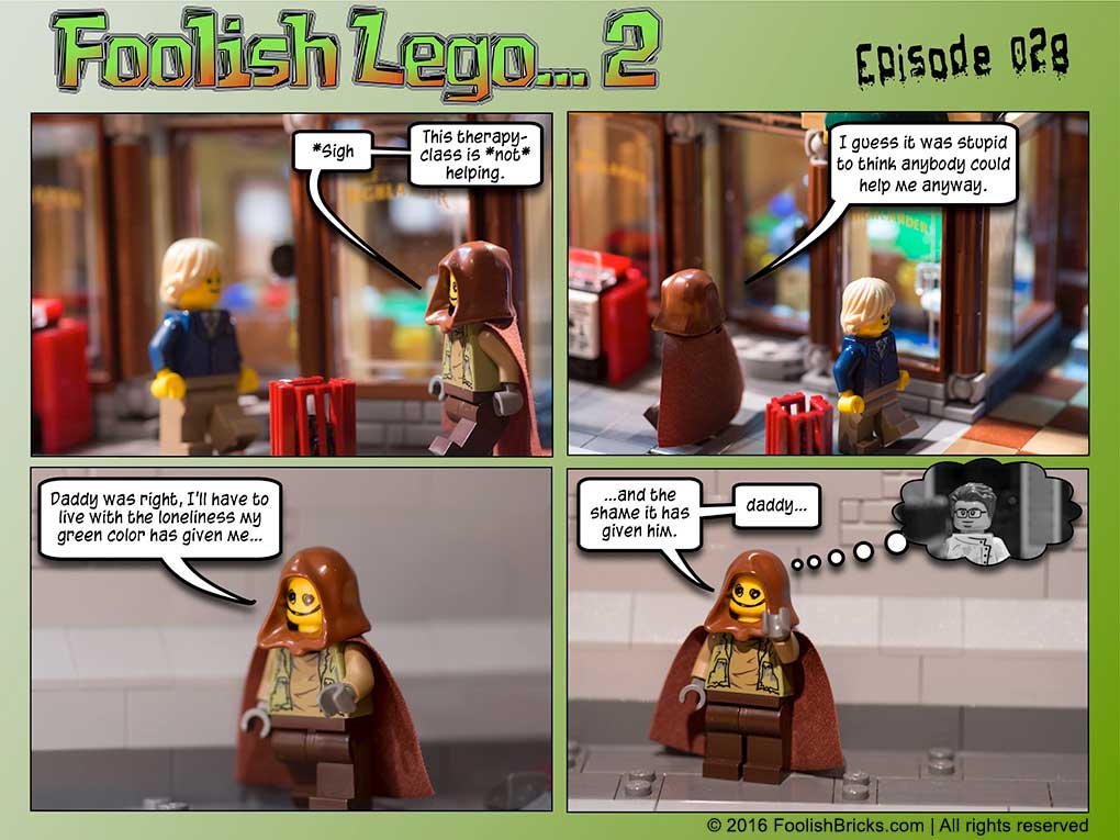 lego brick comic - Dwaas, the monster realises therapy is useless and remembers about his father