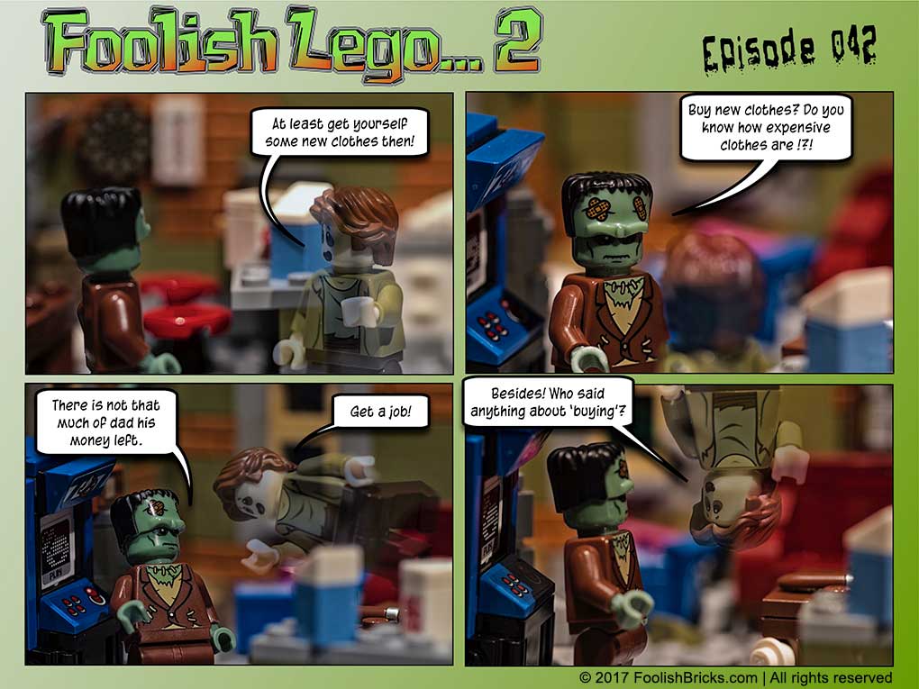 lego brick comic - Dwaas does not have the money to buy new clothes