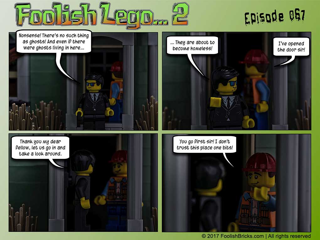 lego brick comic - the contractor is hesitant to enter the house, Barron is not