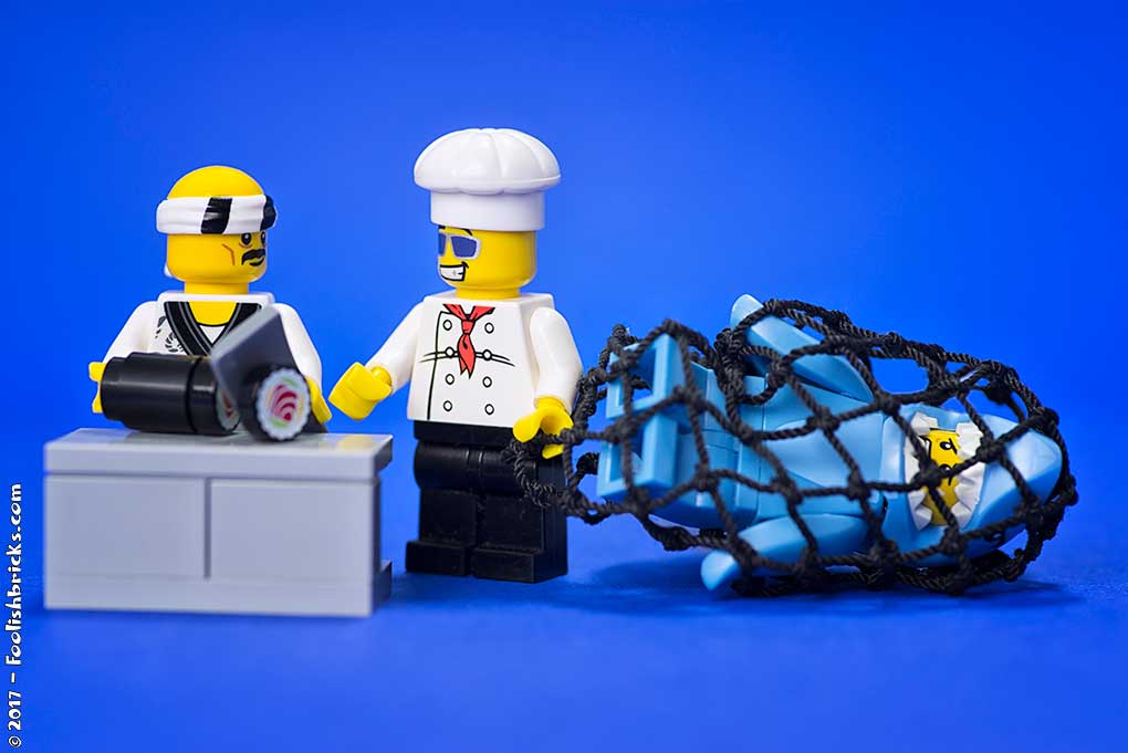 Lego cook brings shark suit guy to sushi chef