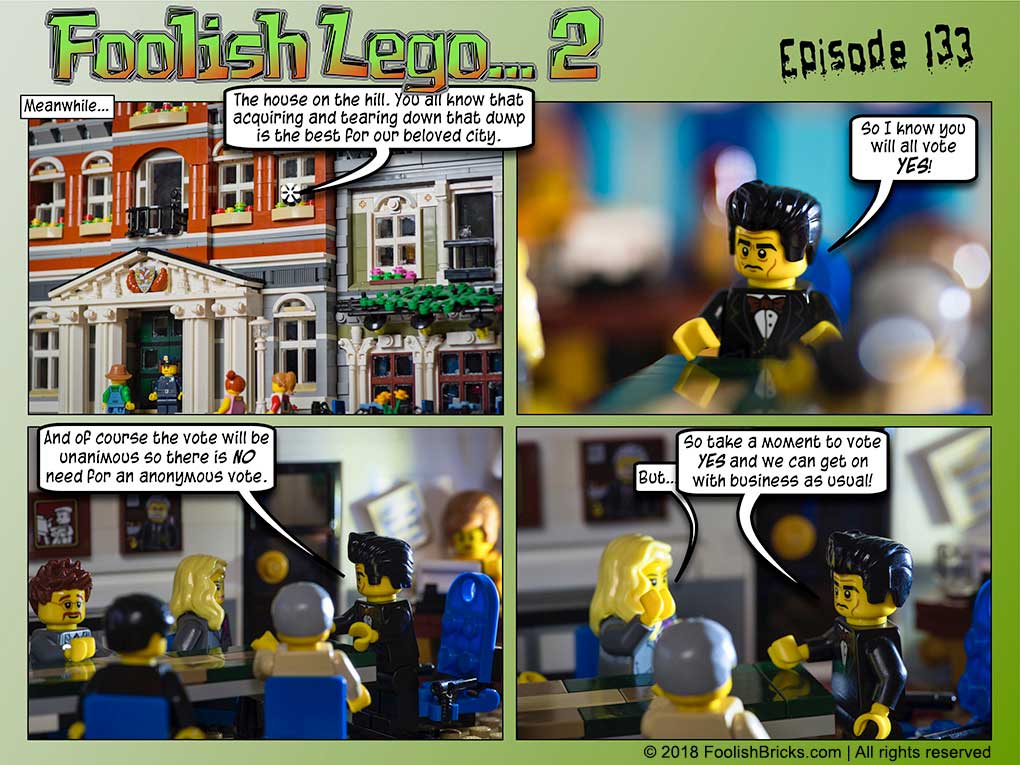 lego brick comic - the major needs a unanimous vote to acquire Dwaas' house