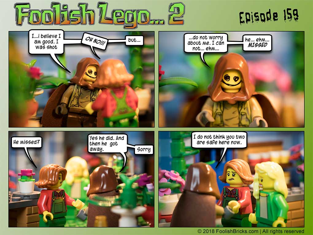 lego brick comic - Dwaas tells Dawn he's okay and that he feels they are not safe at the flowershop