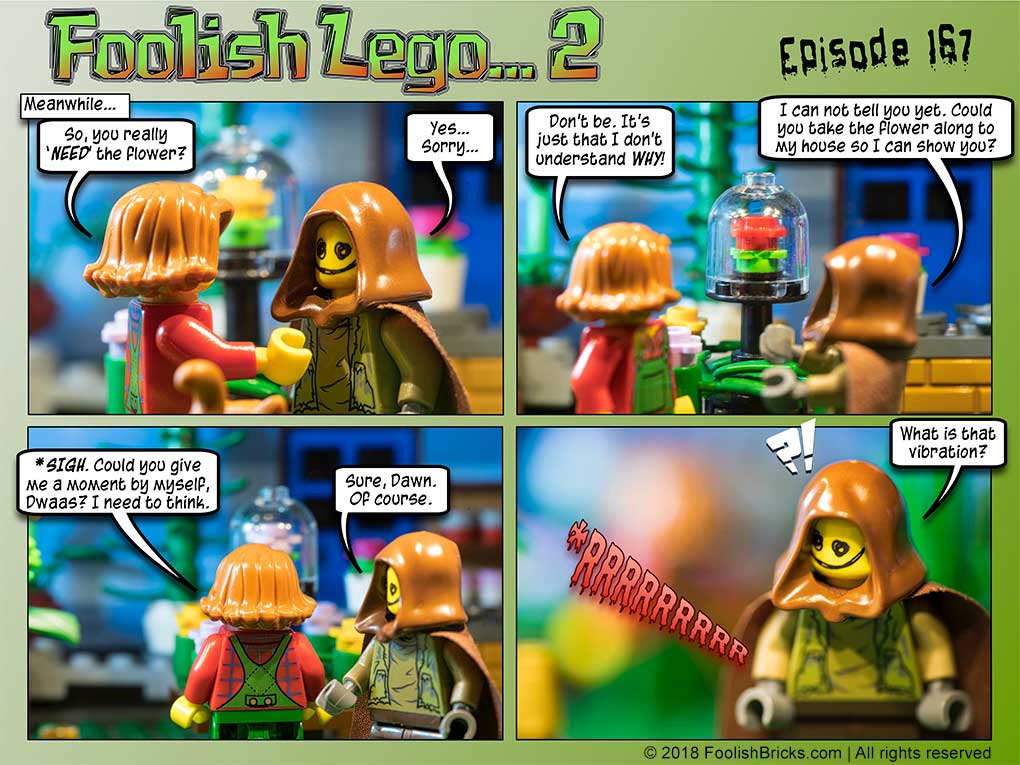 Lego brick comic - Dawn needs to think about giving Dwaas the flower. Dwaas trembles... or rather; vibrates.