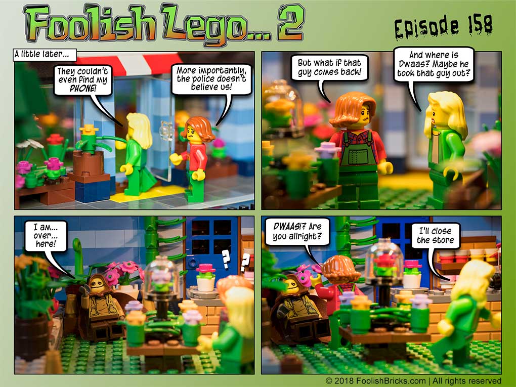 lego brick comic - Bree and Dawn return to the flowershop, finding Dwaas lying in the corner