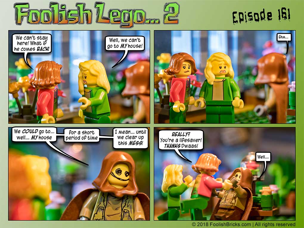 lego brick comic - Dwaas tells Dawn and Bree they can stay at his place