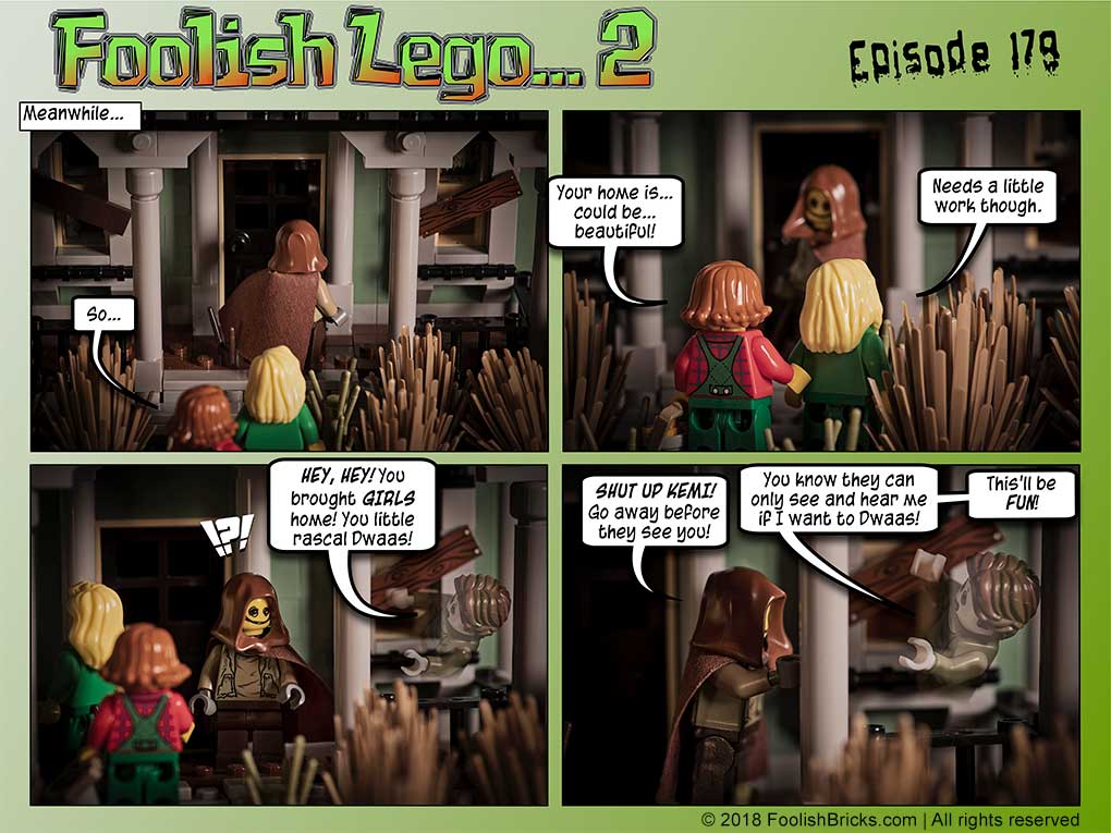 Lego comic - the gang arrives at dwaas' house and Kemi seems to be thrilled about it.
