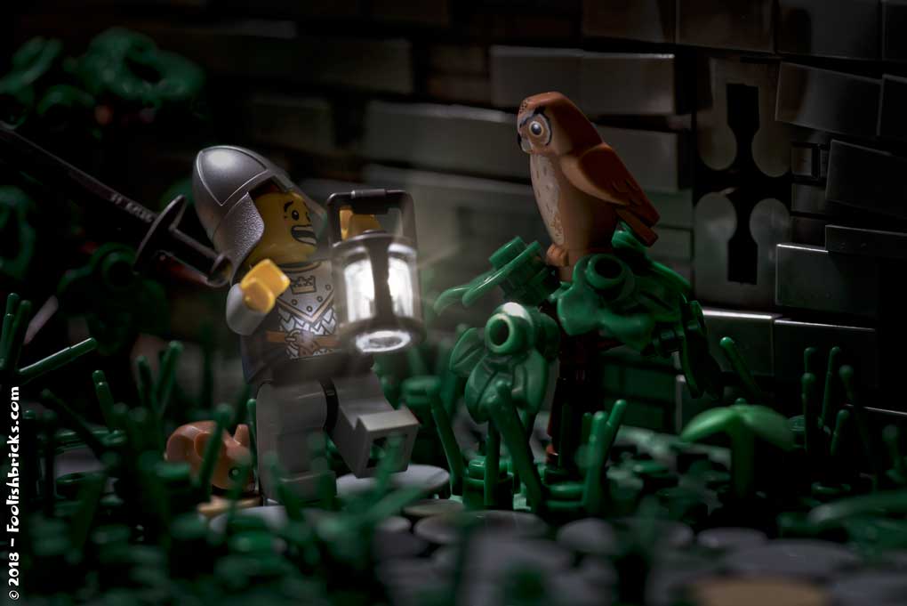 lego photography - medieval guard scared by owl patrol