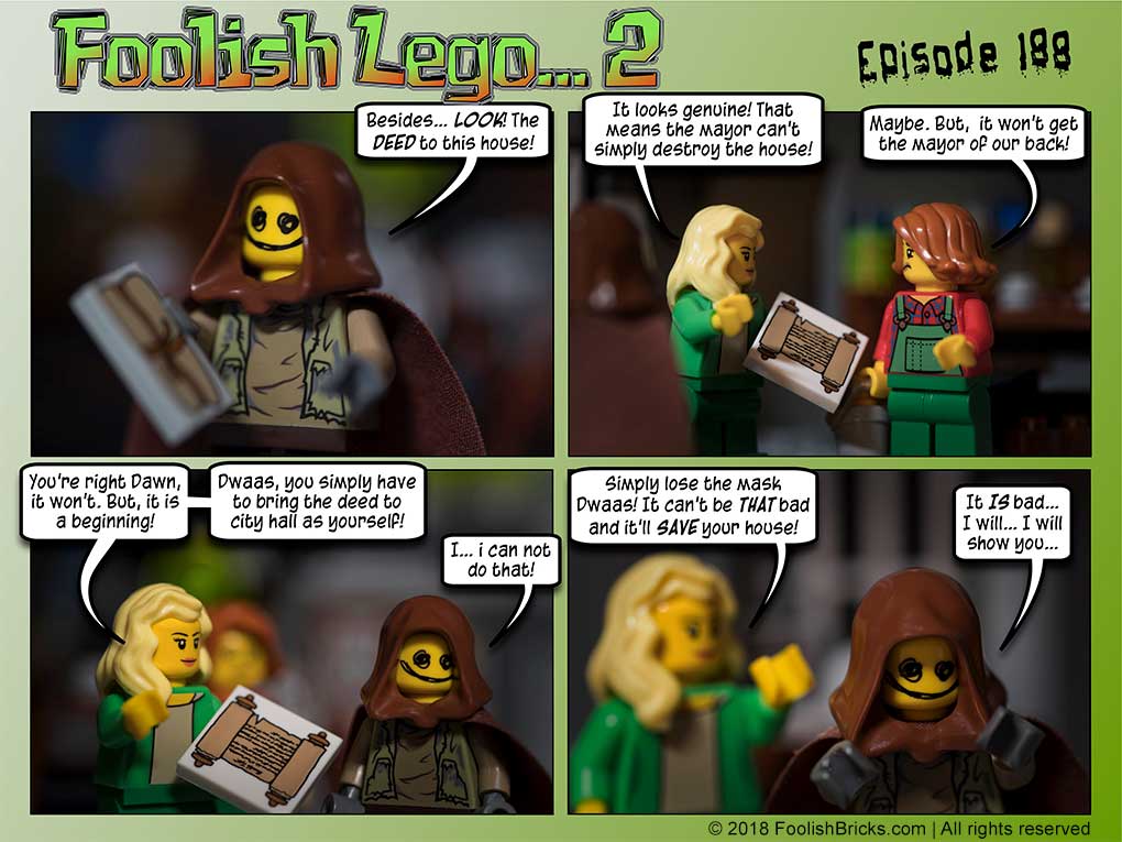 Lego brick comic - Dwaas gives the ladies the deed.